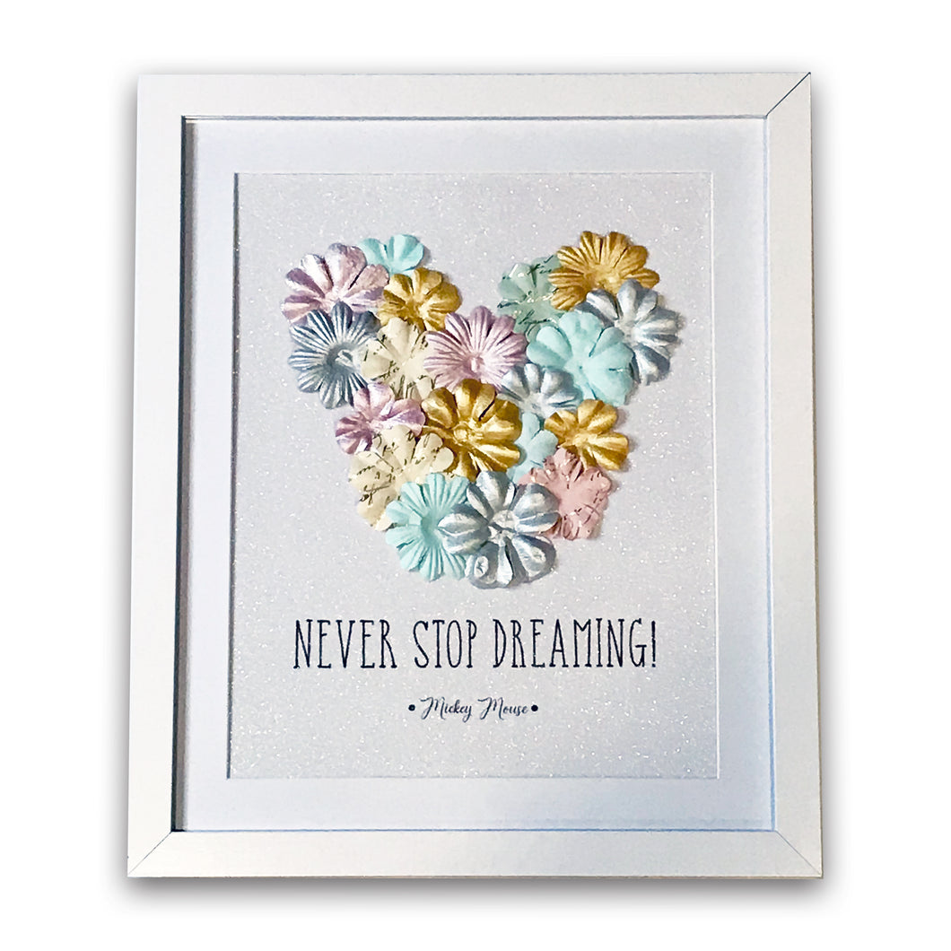 Mickey Never Stop Dreaming Floral Glitter Mixed Media Framed Print