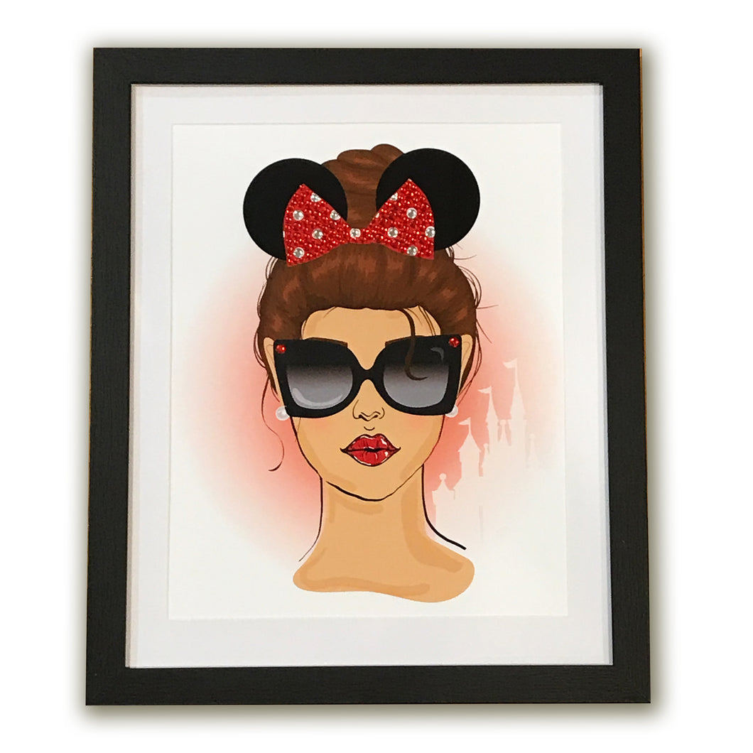 Disney Girl With Minnie Ears And Embellished Bow Framed Art