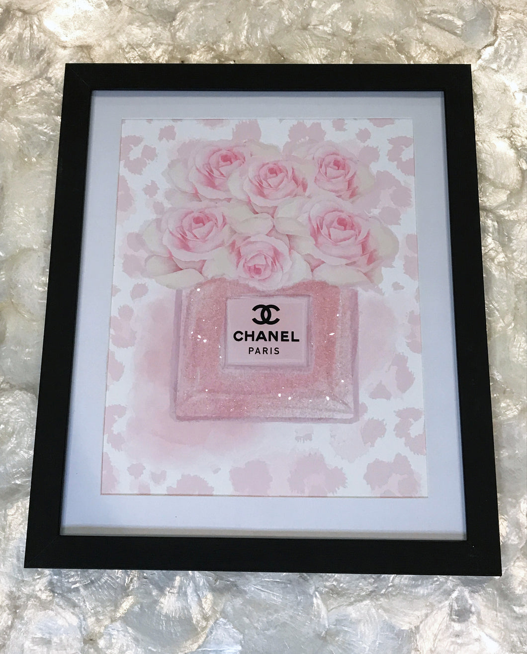 Chanel Inspired Perfume Floral Diamond Dusted Framed Art